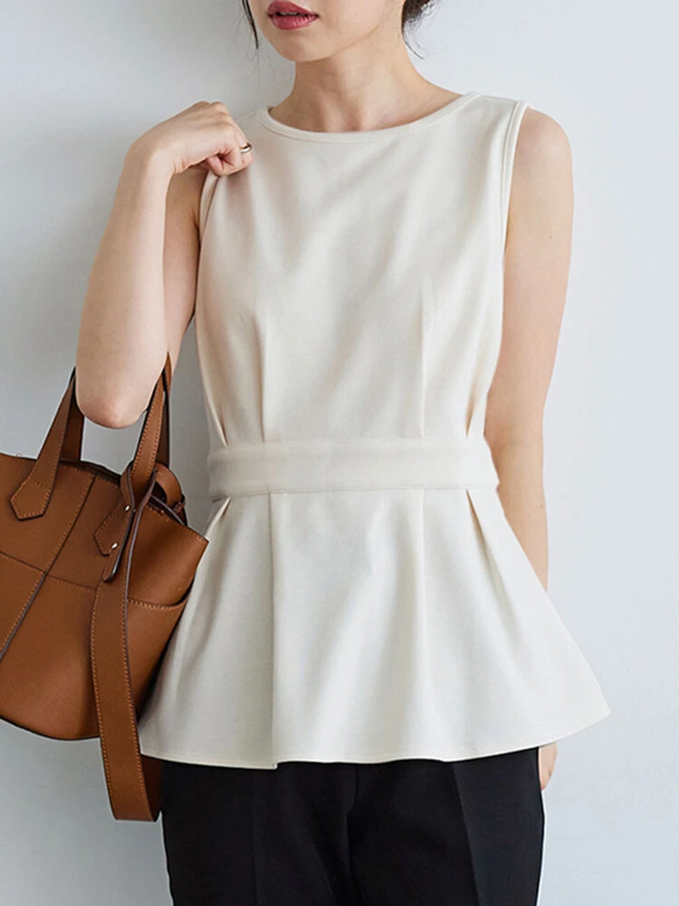 Women Solid Crew Neck Pleated Waist Sleeveless Tank Top 1 Women Solid Crew Neck Pleated Waist Sleeveless Tank Top