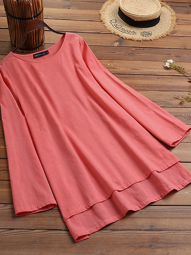 Women Solid Cotton High-Low Hem Long Sleeve Blouse 4 Women Solid Cotton High-Low Hem Long Sleeve Blouse - Image 4