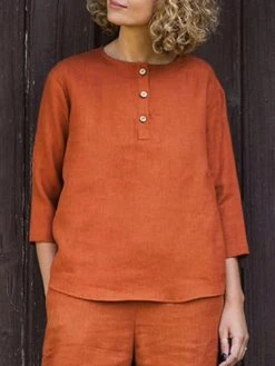 Solid Button Front Casual Crew Neck 3/4 Sleeve Blouse -Zanzea Shop 18e74ea6 1095 4835 b584 a2629b88fdf6