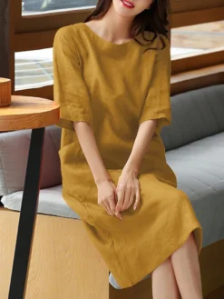 Solid Dual Pocket Half Sleeve Crew Neck Midi Dress -Zanzea Shop 18e98b72 3efa 42f5 9fa1 baa132e331a5