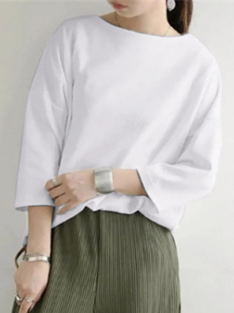 Solid Drop Shoulder 3/4 Sleeve Crew Neck Casual Loose T-shirt 2 Solid Drop Shoulder 3/4 Sleeve Crew Neck Casual Loose T-shirt - Image 2