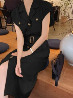 Solid Pocket Lapel Short Sleeve Button Front Dress With Belt -Zanzea Shop 191d9b4f 6a35 4fc4 8ae6 153f88dd6117