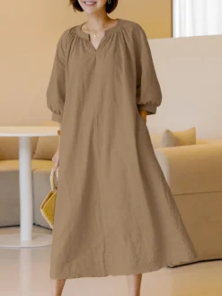 Solid Pocket 3/4 Sleeve V-neck Loose Casual Dress -Zanzea Shop 196890b1 58de 4168 8cdb e025cd654c2a