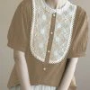 Contrast Embroidery Short Sleeve Pearl Button Blouse