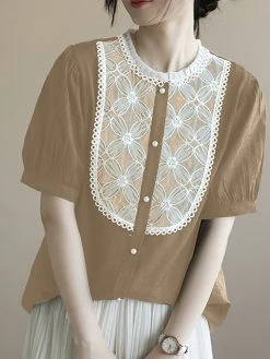 Contrast Embroidery Short Sleeve Pearl Button Blouse