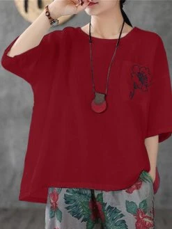 Flower Embroidery Pocket Half Sleeve Crew Neck Loose T-shirt 23 Flower Embroidery Pocket Half Sleeve Crew Neck Loose T-shirt -Zanzea Shop 199e69fe 44fc 4170 b124 c9dd36857bcc
