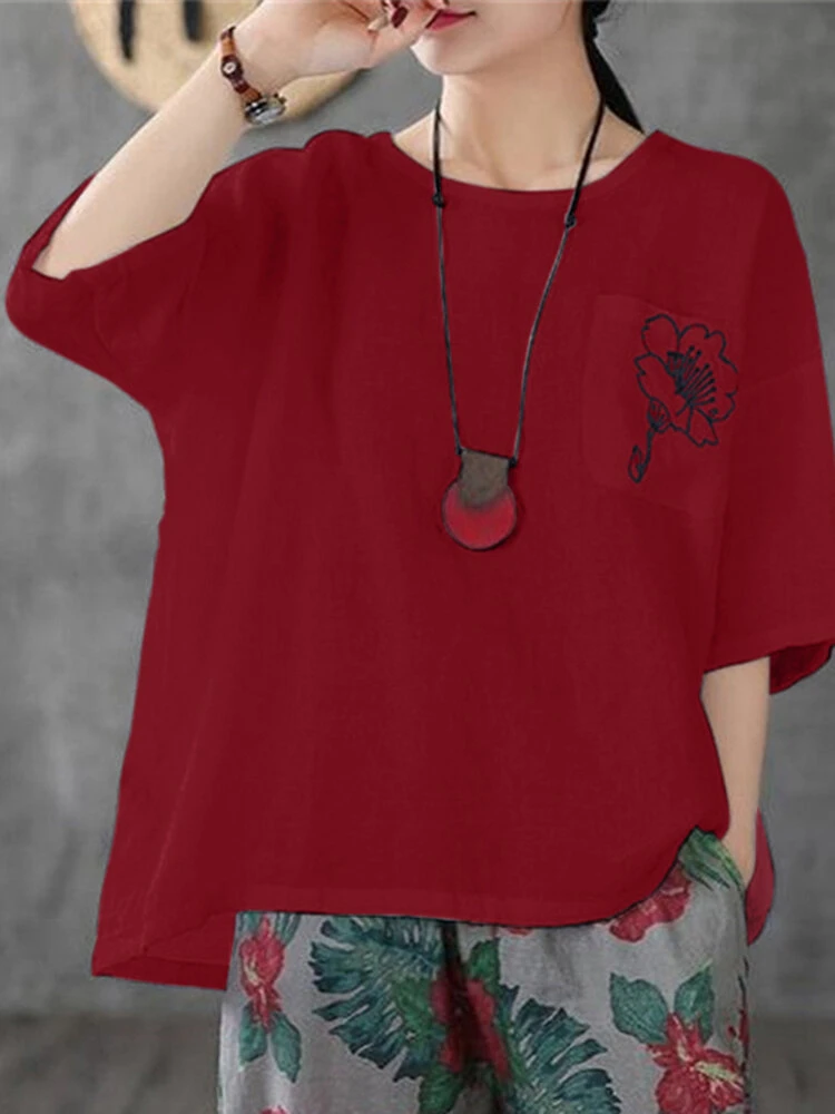 Flower Embroidery Pocket Half Sleeve Crew Neck Loose T-shirt 12 Flower Embroidery Pocket Half Sleeve Crew Neck Loose T-shirt - Image 12
