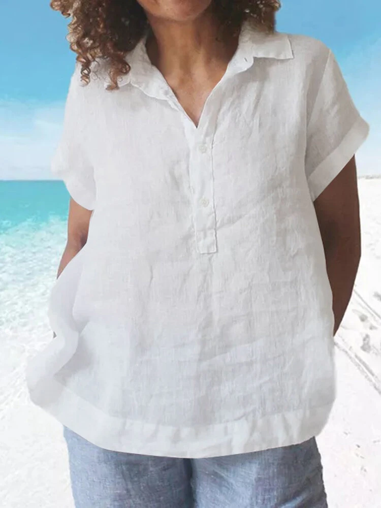 Solid Button Front Lapel Short Sleeve Casual Blouse 2 Solid Button Front Lapel Short Sleeve Casual Blouse - Image 2