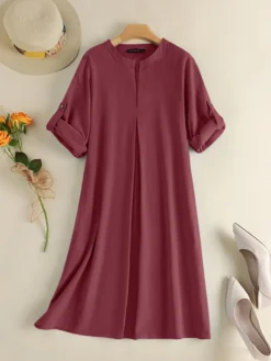 Solid Pocket Roll Tab Sleeve Notch Neck Vintage Dress -Zanzea Shop 19b51939 23da 4f87 a7c0 75ead86995dd