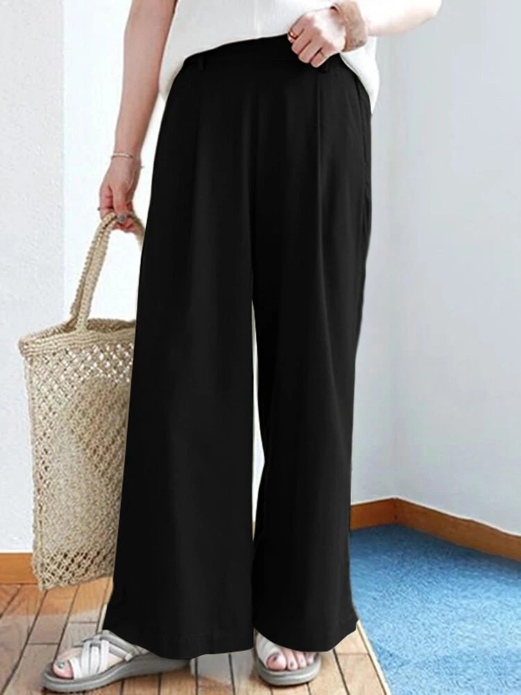 Solid Elastic Waist Back Pocket Wide Leg Casual Pants 2 Solid Elastic Waist Back Pocket Wide Leg Casual Pants - Image 2