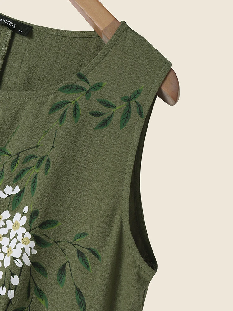 Women Floral Plant Print Crew Neck Cotton Sleeveless Dress 3 Women Floral Plant Print Crew Neck Cotton Sleeveless Dress - Image 3