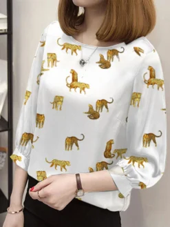 Leopard Pattern Crew Neck 3/4 Sleeve Blouse For Women -Zanzea Shop 19ff708c d13b 4b73 9244 85922f1e743a