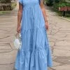Women Solid Tiered Square Collar Ruffle Sleeve Maxi Dress
