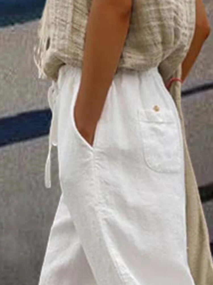 Women Cotton Solid Drawstring Waist Casual Pants With Pocket 2 Women Cotton Solid Drawstring Waist Casual Pants With Pocket - Image 2