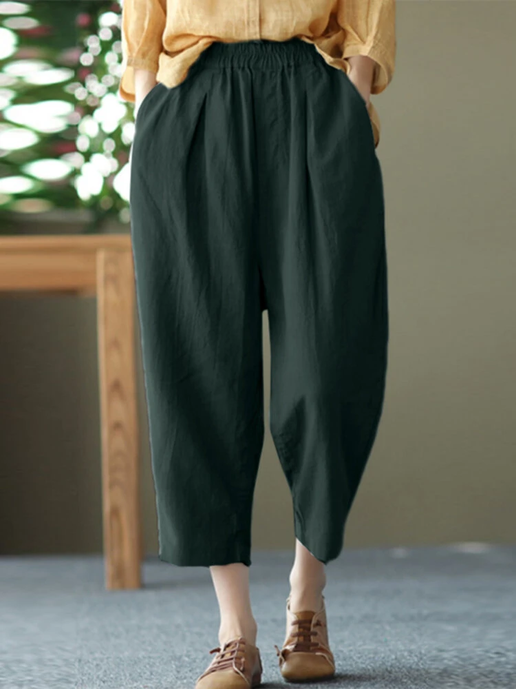 Women Solid Pocket Elastic Waist Casual Harem Pants 3 Women Solid Pocket Elastic Waist Casual Harem Pants - Image 3