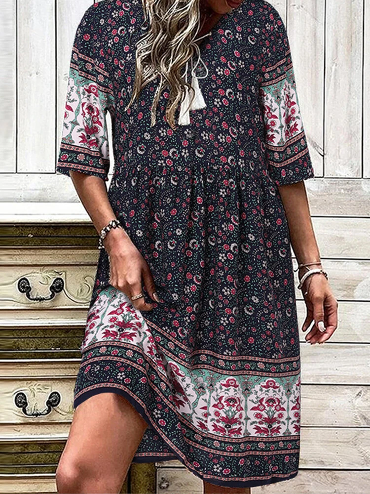 Women Ditsy Floral Print V-Neck Tie Bohemian Half Sleeve Dress 2 Women Ditsy Floral Print V-Neck Tie Bohemian Half Sleeve Dress - Image 2