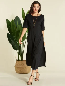 Solid Color O-neck High Slit Plus Size Dress For Women -Zanzea Shop 1a39d7e6 617f 44a3 a463 7843d411e747