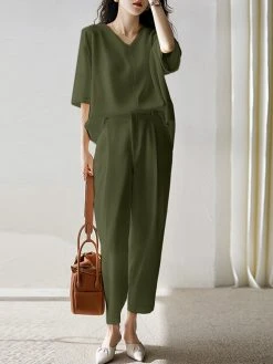 Women Solid Half V-neck Pocket Two Pieces Suit -Zanzea Shop 1a63d316 2bfa 4a53 a047 760d86ffbf48