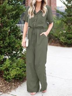 Solid Color Lapel Collar Button Short Sleeve Jumpsuit With Pocket -Zanzea Shop 1a75099b 5c23 48a8 9928 365f108b7631