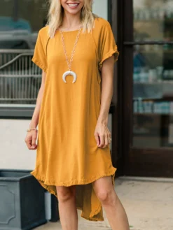 Women Solid Crew Neck Ruffle Trim Casual Short Sleeve Dress -Zanzea Shop 1a7abed1 8aa9 4d92 ba1b 875caba9c7f0