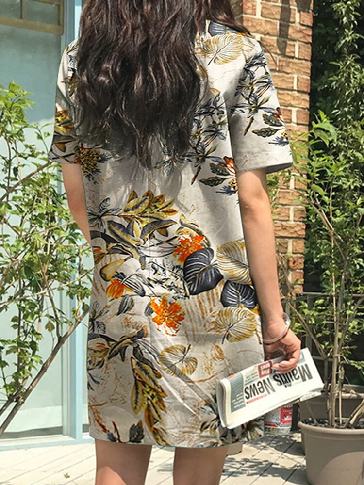 Flower Leaves Print Short Sleeve Crew Neck Vintage Dress 2 Flower Leaves Print Short Sleeve Crew Neck Vintage Dress - Image 2