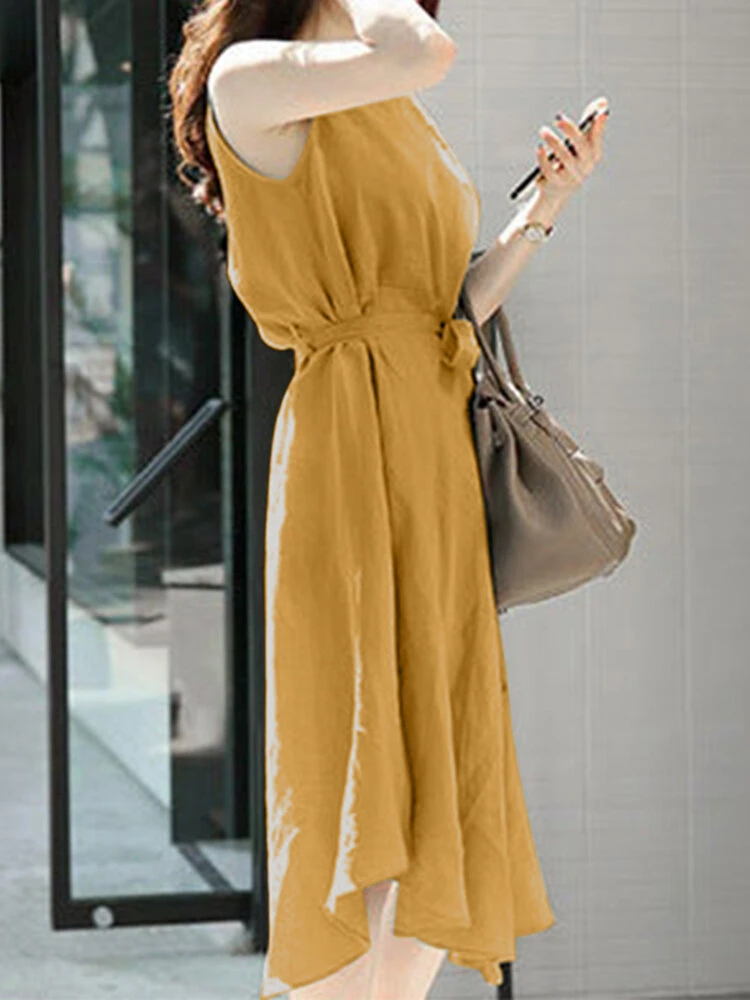 Solid Sleeveless Button Back Midi Dress With Belt 8 Solid Sleeveless Button Back Midi Dress With Belt - Image 8
