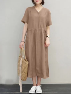 Women Solid Notched Neck Drawstring Waist Short Sleeve Dress -Zanzea Shop 1b0866a0 58ae 40f6 b64c 7b17ad4eead2