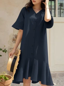 Women Solid Ruffle Sleeve V-neck Button Mermaid Dress -Zanzea Shop 1b27f5a7 3d50 411c 938b 80204525e84c
