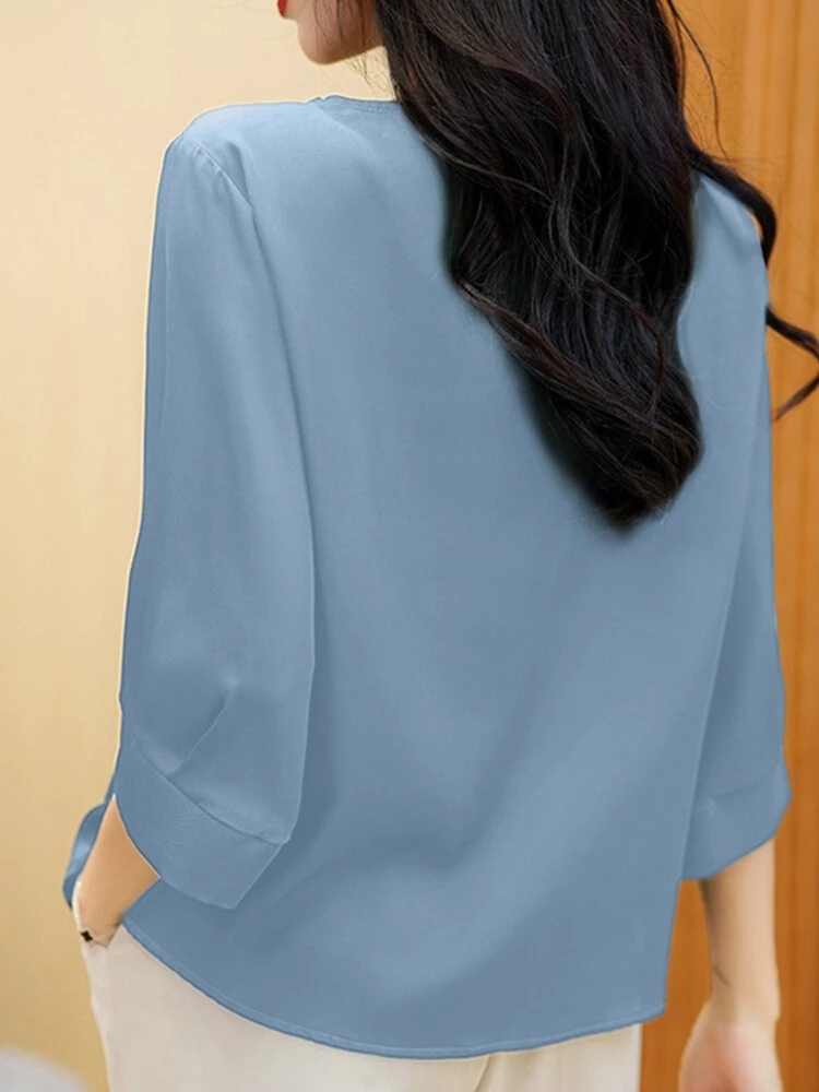 Satin Solid Crew Neck 3/4 Sleeve Women Blouse 8 Satin Solid Crew Neck 3/4 Sleeve Women Blouse - Image 8