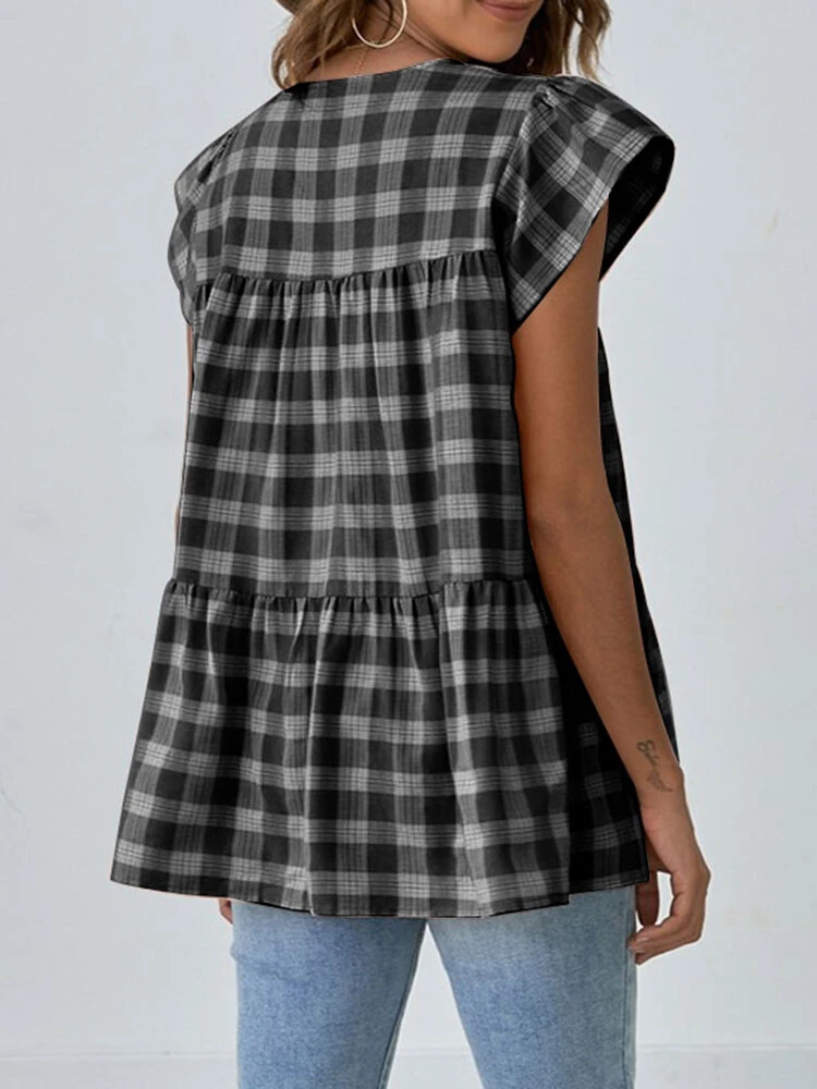 Women Check Print Ruffle Sleeve V-neck A-line Blouse 11 Women Check Print Ruffle Sleeve V-neck A-line Blouse - Image 11