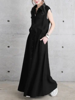 Solid Drawstring Waist Pocket Button Front Maxi Cargo Dress -Zanzea Shop 1b667e6e b161 4175 b084 5344c7bee5b6