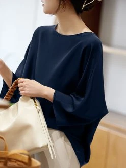 Satin Solid Dolman Sleeve Crew Neck Women Blouse -Zanzea Shop 1b7efd9d 1aad 4304 813a 2f0b19b08c4c