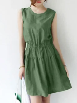 Women Solid Pleated Crew Neck Cotton Casual Sleeveless Dress -Zanzea Shop 1b99be8a fdd4 4ef2 9377 c2f5570092c7