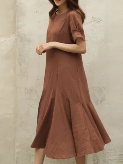 Cotton Solid Ruffle Short Sleeve Round Neck Casual Midi Dress -Zanzea Shop 1b9c566a 379a 4b70 93a3 033cd462acb7