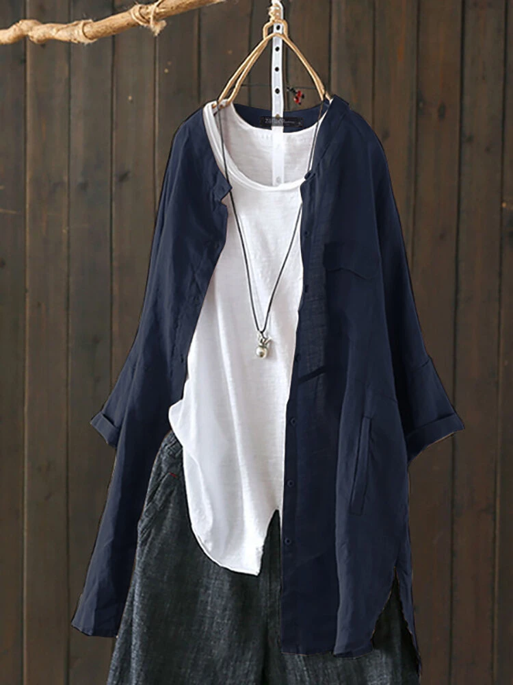 Vintage Solid Color High Low Plus Size Long Shirt 5 Vintage Solid Color High Low Plus Size Long Shirt - Image 5