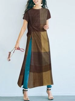 Plaid Split Twist Round Neck Short Sleeve Casual T-Shirt -Zanzea Shop 1bc536db e0b7 41a6 b965 2209bd660417