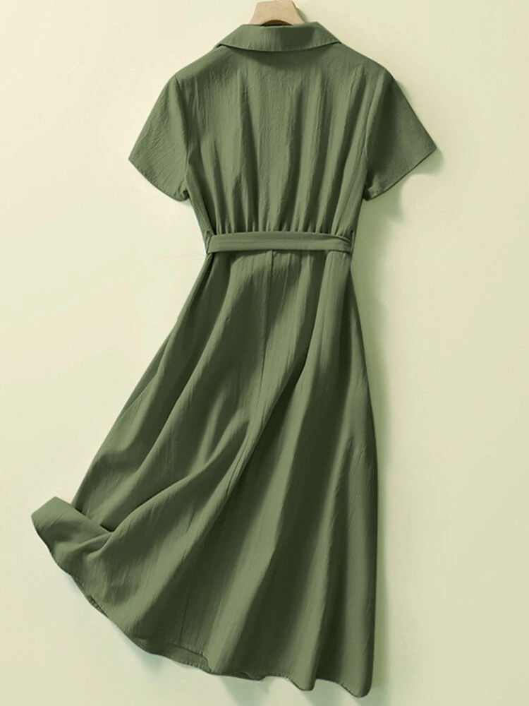 Solid Pocket Button Lapel Short Sleeve Shirt Dress With Belt 8 Solid Pocket Button Lapel Short Sleeve Shirt Dress With Belt - Image 8