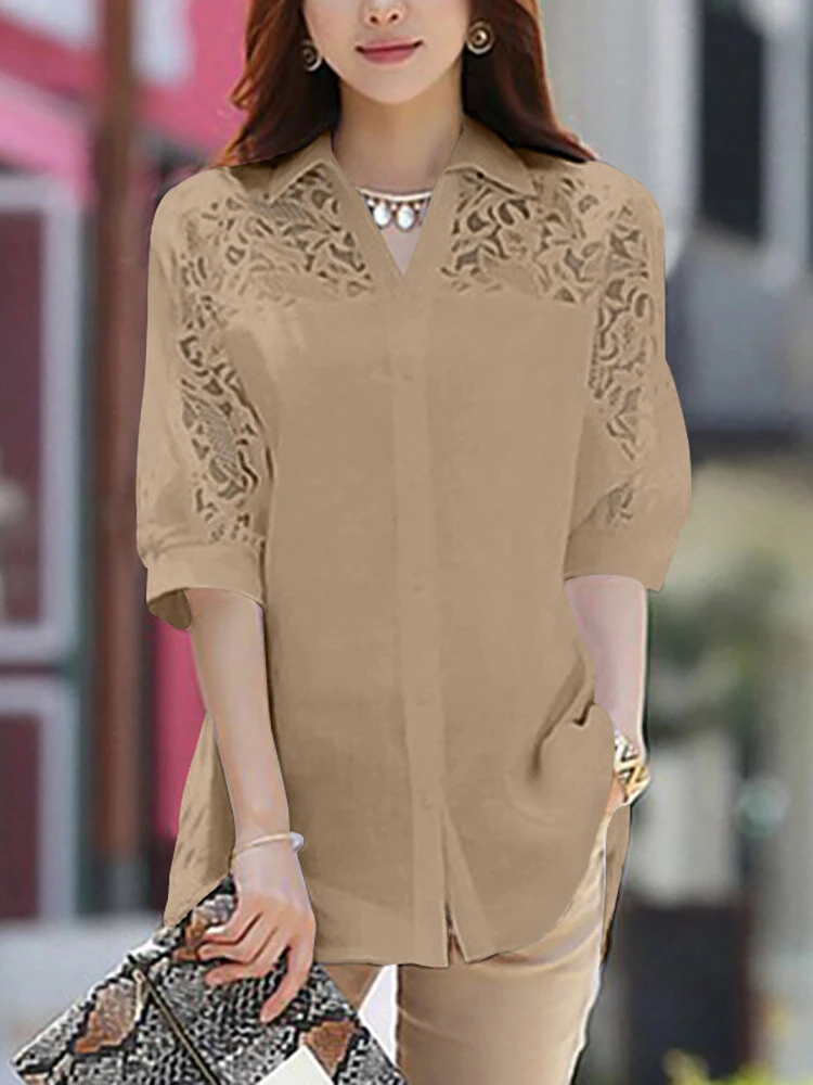 Lace Panel Solid Button Front Lapel Half Sleeve Shirt 6 Lace Panel Solid Button Front Lapel Half Sleeve Shirt - Image 6