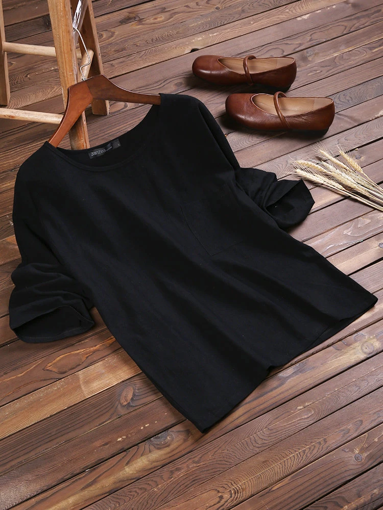 Casual Women Mori Pocket O-Neck 3/4 Sleeve Loose Blouse 7 Casual Women Mori Pocket O-Neck 3/4 Sleeve Loose Blouse - Image 7