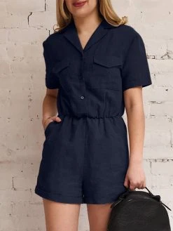 Solid Pocket Button Front Short Sleeve Lapel Cargo Romper -Zanzea Shop 1be29ed9 f285 4701 90d6 a53e83637cbc