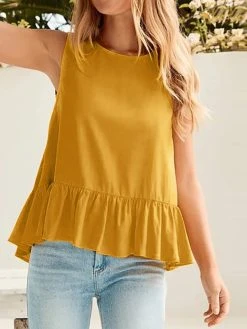 Solid Ruffle Hem Sleeveless Crew Neck Tank Top -Zanzea Shop 1befcf80 72ba 4d7b 96da 782dba1d9342