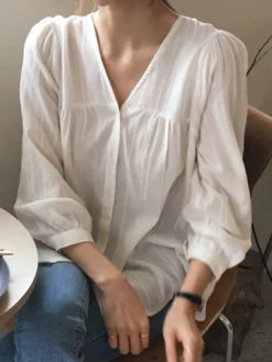 Solid Pleated Textured V-neck Button Long Sleeve Blouse -Zanzea Shop 1c0f5a92 ef05 43bf bdb2 40d46199d0c7