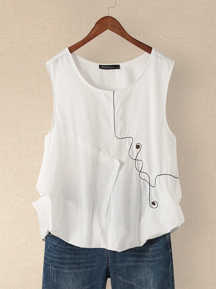 Button Embroidery O-neck Sleeveless Patchwork Vintage Tank Top 3 Button Embroidery O-neck Sleeveless Patchwork Vintage Tank Top - Image 3