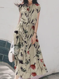 Random Allover Flower Print Button Front Dress With Belt
