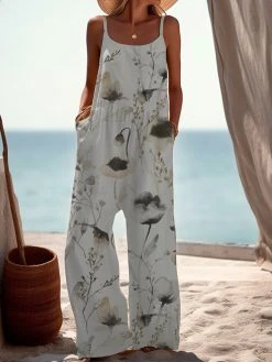 Women Watercolor Floral Plant Print Spaghetti Strap Jumpsuit