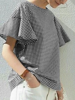 Check Print Ruffle Sleeve Crew Neck Keyhole Back Blouse -Zanzea Shop 1cdd1984 f721 4767 a075 69c51a035445