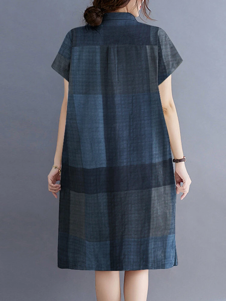 Check Pattern Short Sleeve Pocket Button Lapel Dress 2 Check Pattern Short Sleeve Pocket Button Lapel Dress - Image 2