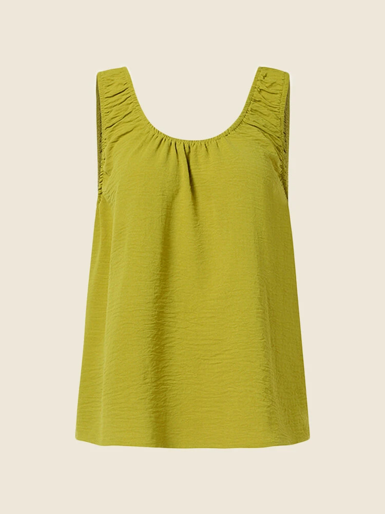 Women Solid Crew Neck Pleated Casual Sleeveless Tank Top 2 Women Solid Crew Neck Pleated Casual Sleeveless Tank Top - Image 2