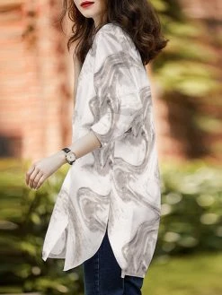 Marble Pattern Slit Hem Loose Button Front Blouse -Zanzea Shop 1cf687bd 41f3 420f a2e3 7756eacff277