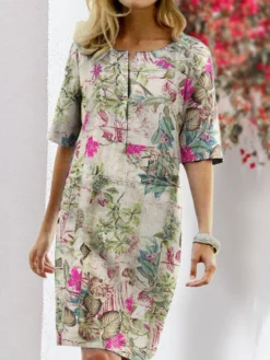 Floral Print Split O-neck Half Sleeve Casual Cotton Dress -Zanzea Shop 1d26b1e8 56bb 4648 8500 463a260a5c9b